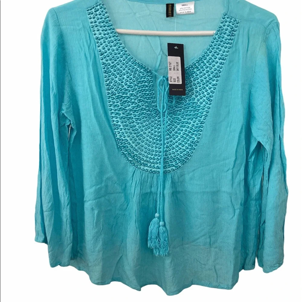 Beaded Boho Chic Turquoise Color Summer Long Sleeves Top Small/Medium BNWT - Picture 1 of 5